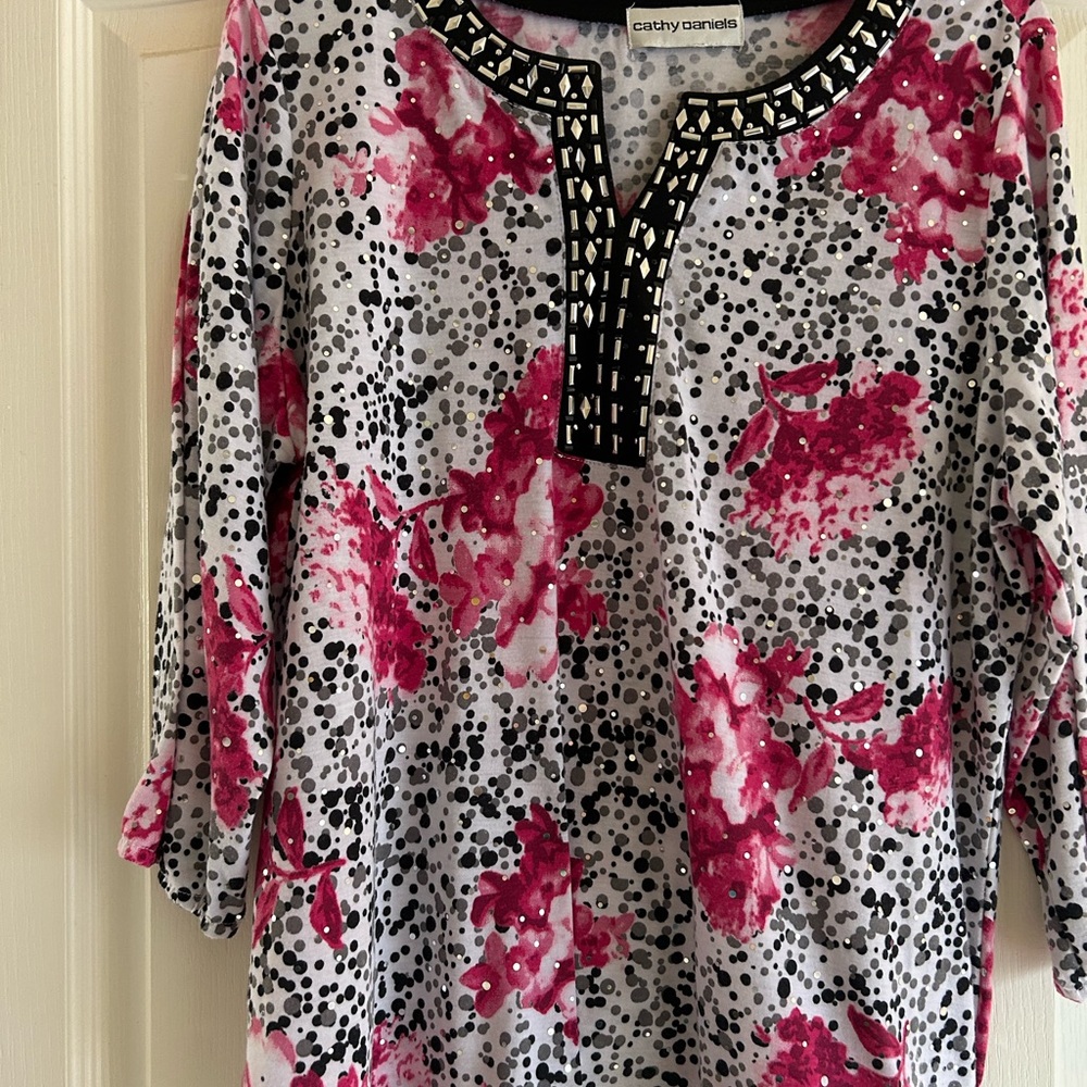 Cathy Daniels Pink Floral Tunic with Black Beaded Neckline